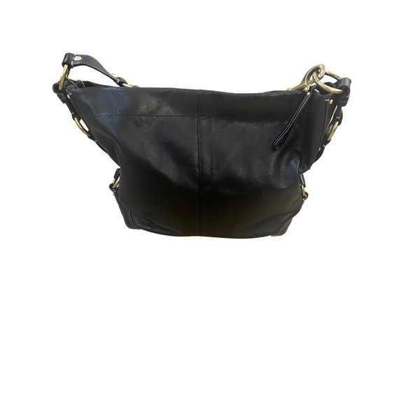 Coach Carly Large Black Leather Hobo Shoulder Bag Gold Hardware Turnlock Closure - Picture 7 of 13